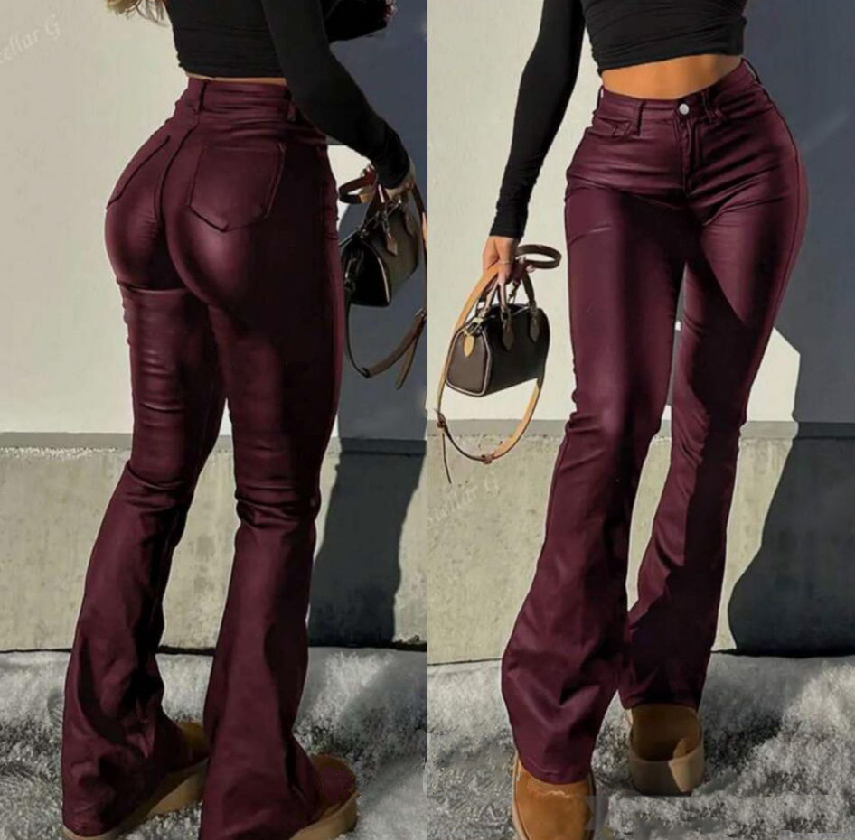 Vínové koženkové široké kalhoty