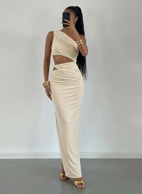 Béžové asymetrické dlouhé šaty