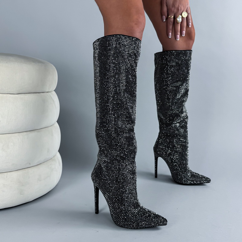 Černé vysoké kozačky s kamínky