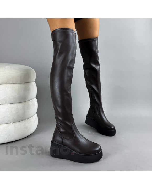 Tmavě hnědé vysoké kozačky na platformě-322975-20