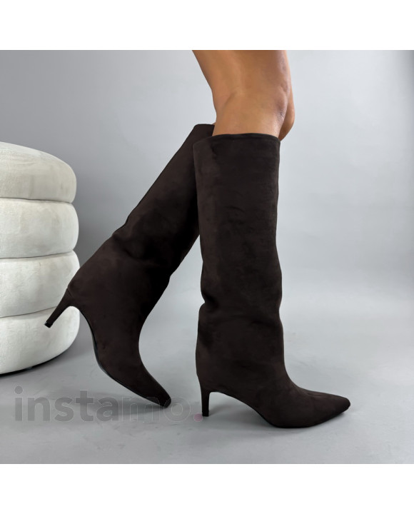 Tmavě hnědé semišové vysoké kozačky-322779-20