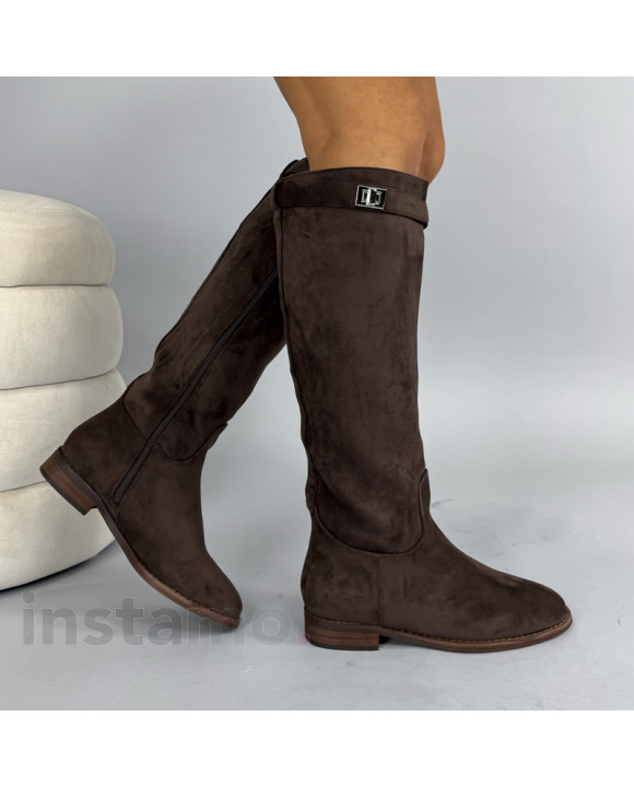 Tmavě hnědé semišové vysoké kozačky-323888-20