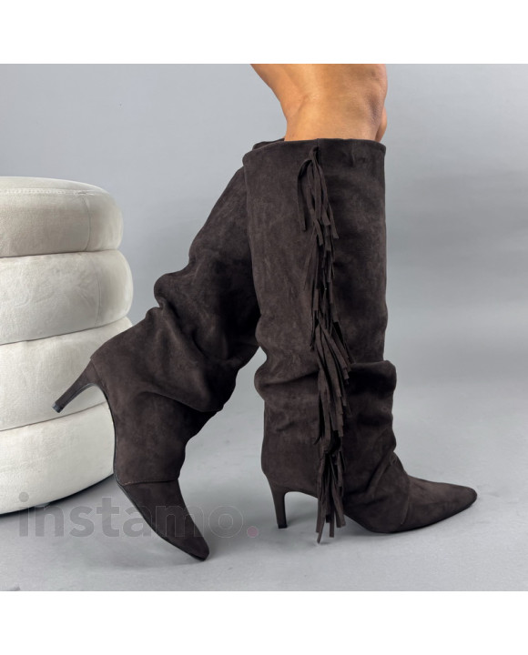 Tmavě hnědé semišové vysoké kozačky s třásněmi-323340-20