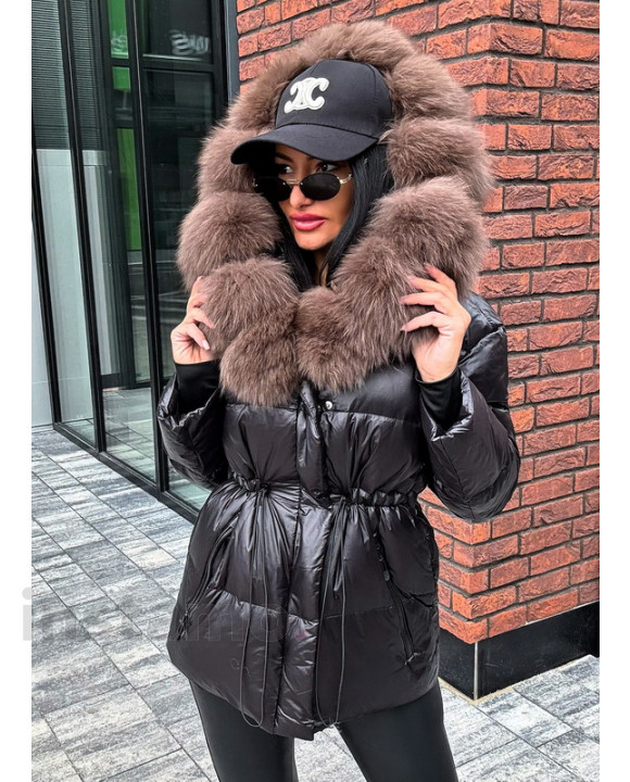 Černá krátká bunda s pravou kožešinou-322734-20