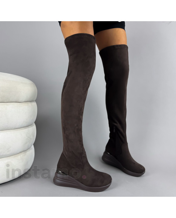 Tmavě hnědé semišové vysoké kozačky-323127-20