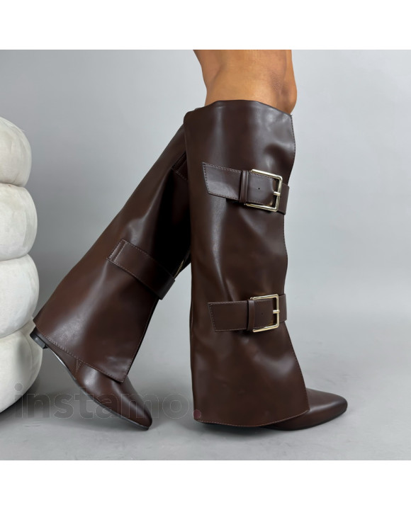 Tmavě hnědé vysoké kozačky na platformě-322771-20