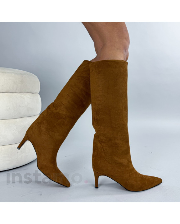 Hnědé semišové vysoké kozačky-323803-20