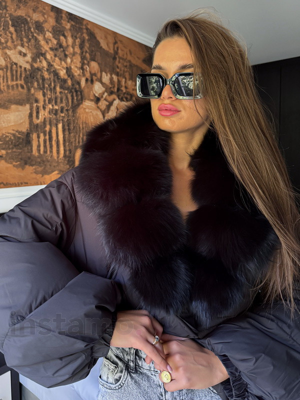 Péřová černá bunda s pravou kožešinou-321117-311