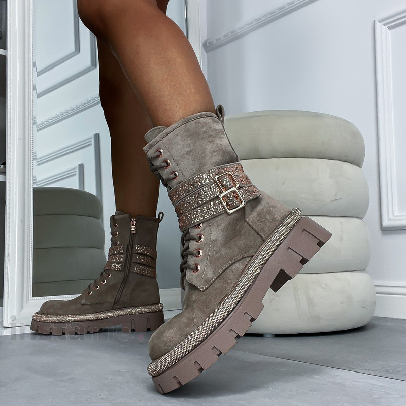 Tmavě béžové polokozačky s kamínky-310549-35