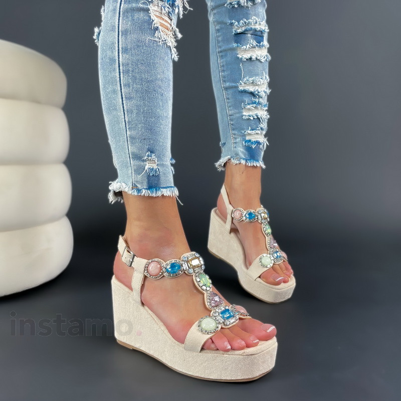 Béžové sandále s barevnými kamínky-301766-31