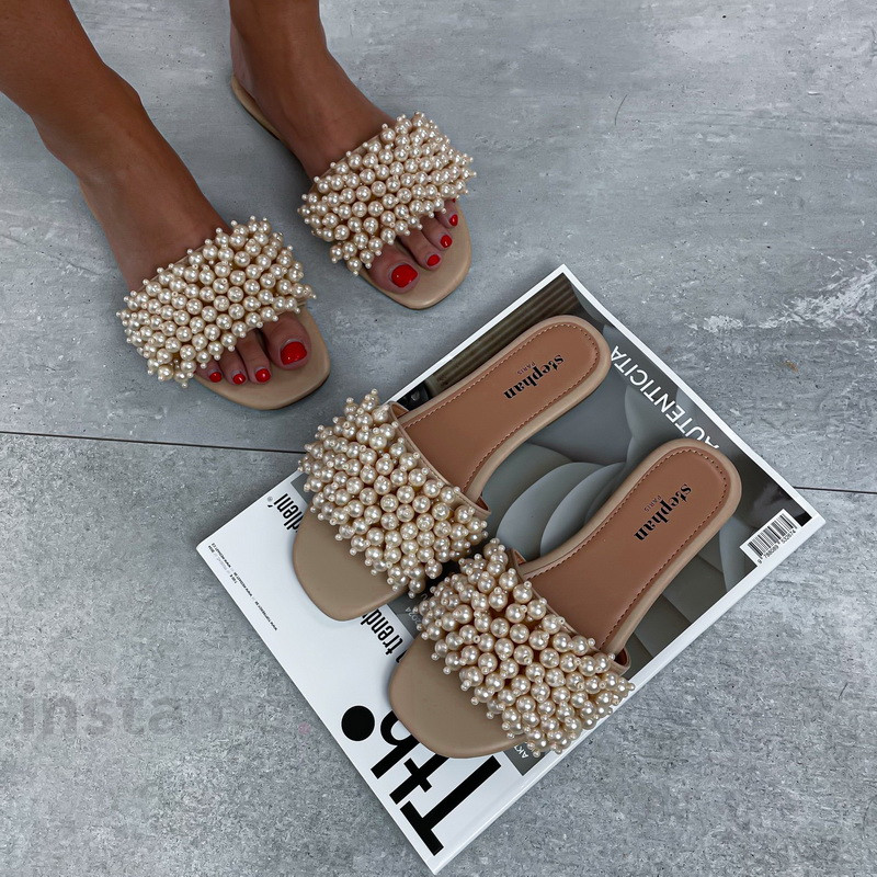 Béžové pantofle s perličkami-304990-36