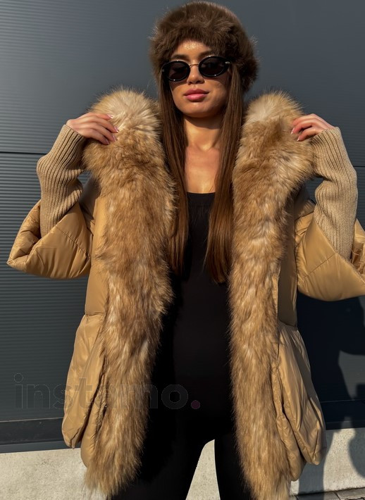 Světle hnědý luxusní kabát s kožešinou-313406-311