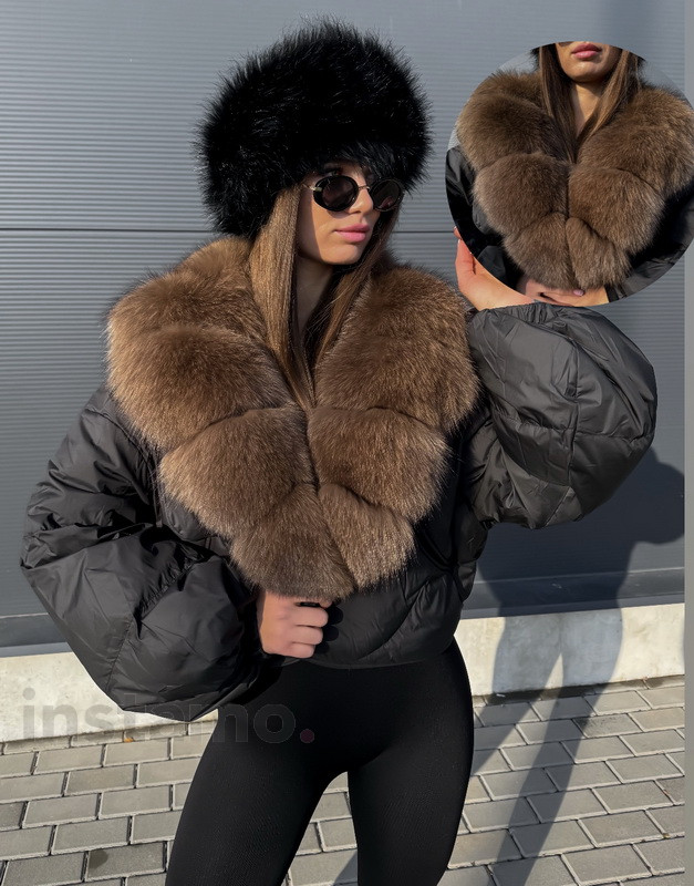 Péřová černá bunda s pravou kožešinou-313442-312