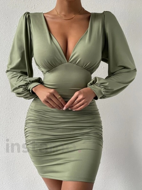 Olivové mini šaty s dlouhým rukávem-270858-36