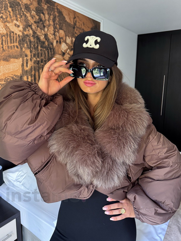 Péřová hnědá bunda s pravou kožešinou-321118-313