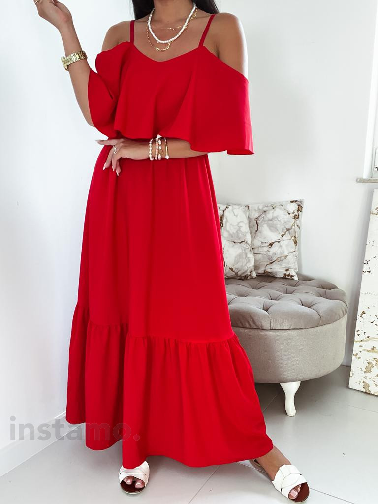 Červené elegantní dlouhé šaty s volánem-269614-31