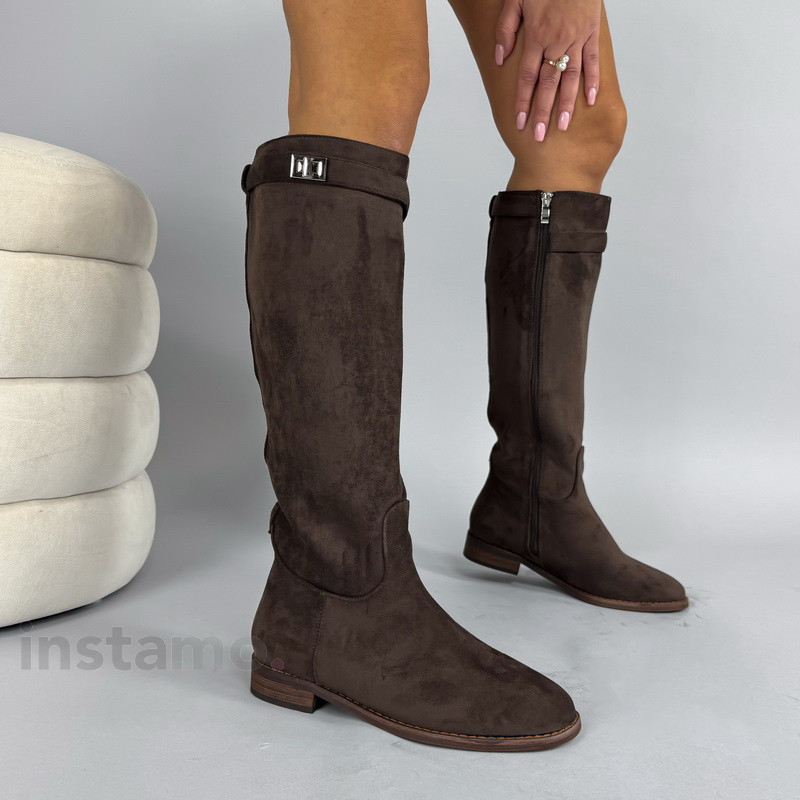 Tmavě hnědé semišové vysoké kozačky-323888-31