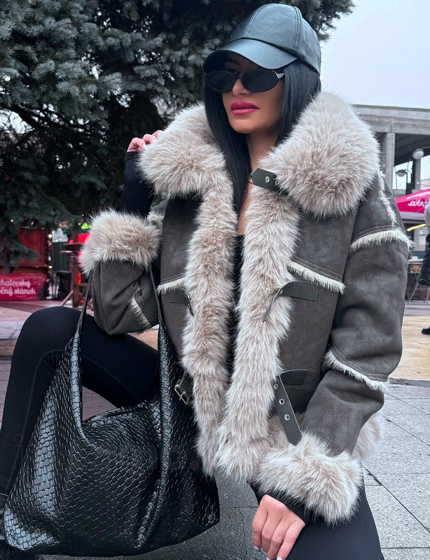Šedá jelenicová bunda s pravou kožešinou-313981-313