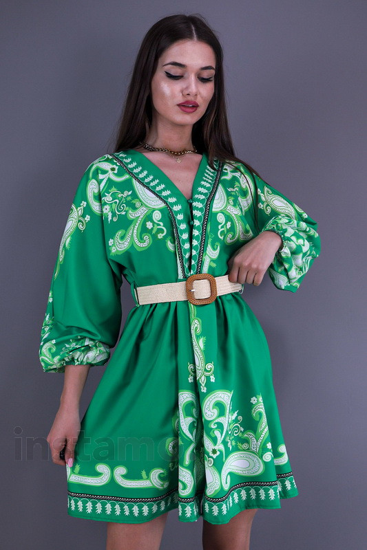Zelené vzorované šaty s páskem-267131-31