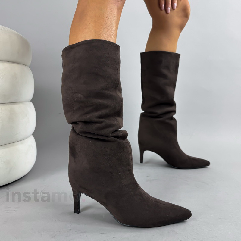 Tmavě hnědé semišové vysoké kozačky-322779-32