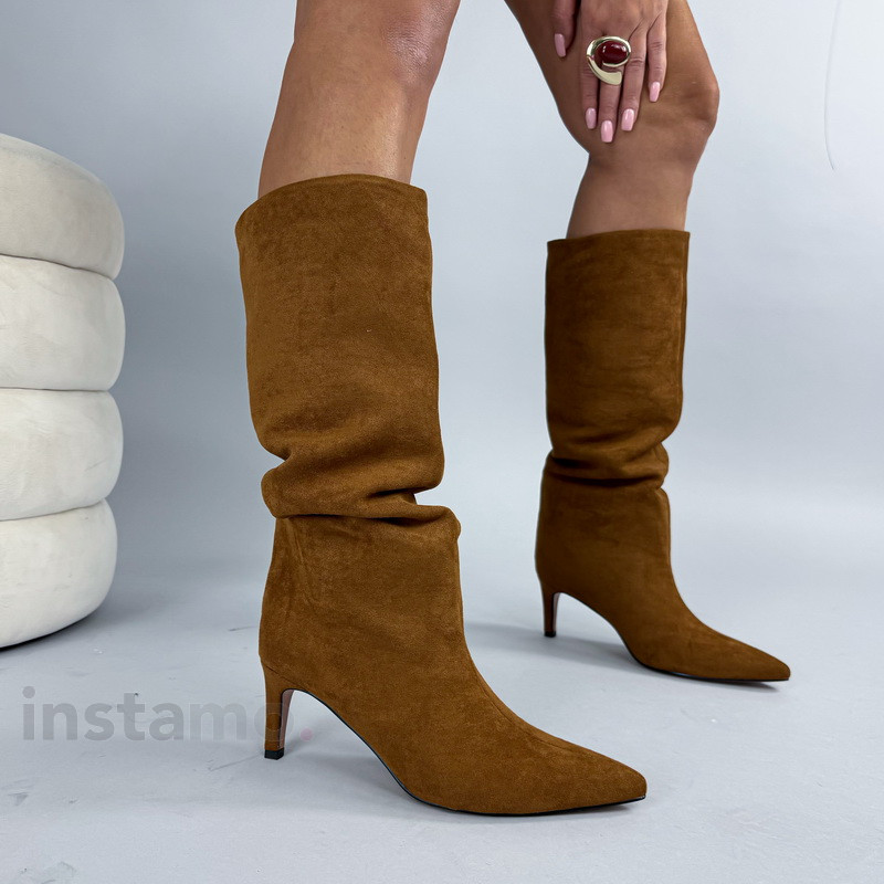 Hnědé semišové vysoké kozačky-323803-39