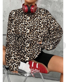 Hnědá oversize  mikina s leopardím vzorem