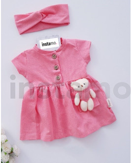 Růžové letní šaty s medvídkem a čelenkou