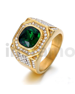 Pánský pozlacený prsten se zeleným kamenem
