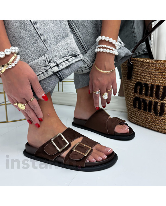 Tmavě hnědé semišové pantofle-326802-20