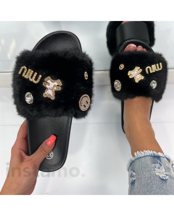 Černé kožešinové pantofle-301469-20