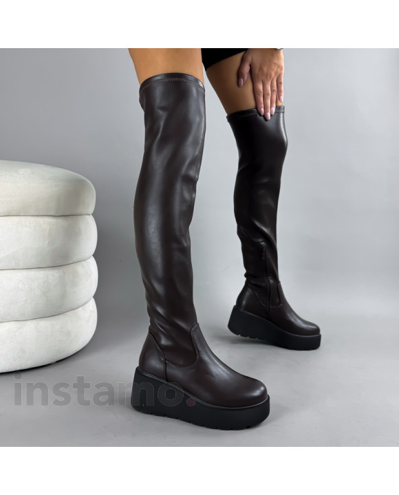 Tmavě hnědé vysoké kozačky na platformě-322975-20