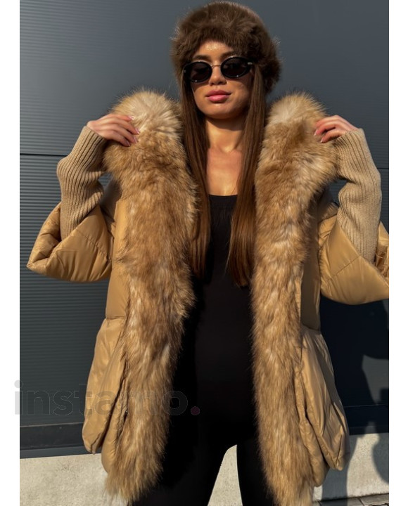 Světle hnědý luxusní kabát s kožešinou-313406-20