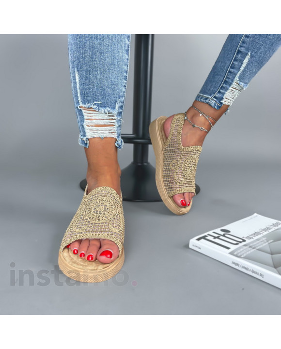 Tmavě béžové hačkované sandále-304406-20