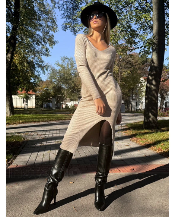 Béžové dlouhé ůpletové šaty-312076-20