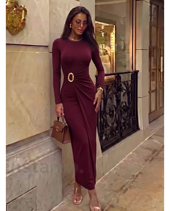 Vínové dlouhé šaty s broží-330435-20