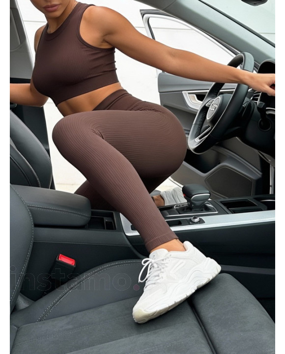 Tmavě hnědé vroubkované push-up legíny-324638-20