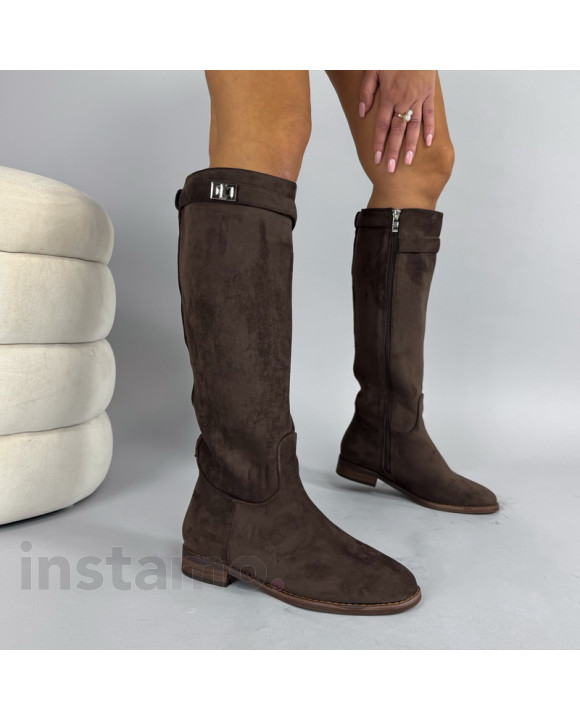Tmavě hnědé semišové vysoké kozačky-323888-20