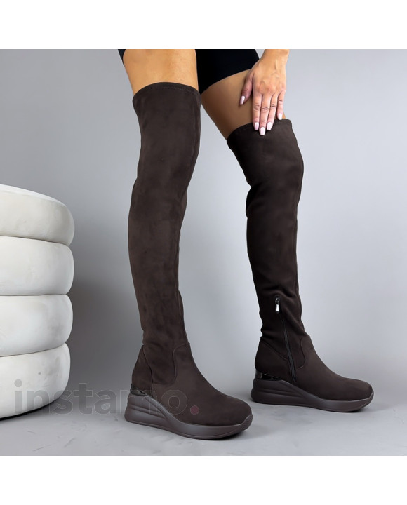 Tmavě hnědé semišové vysoké kozačky-323127-20