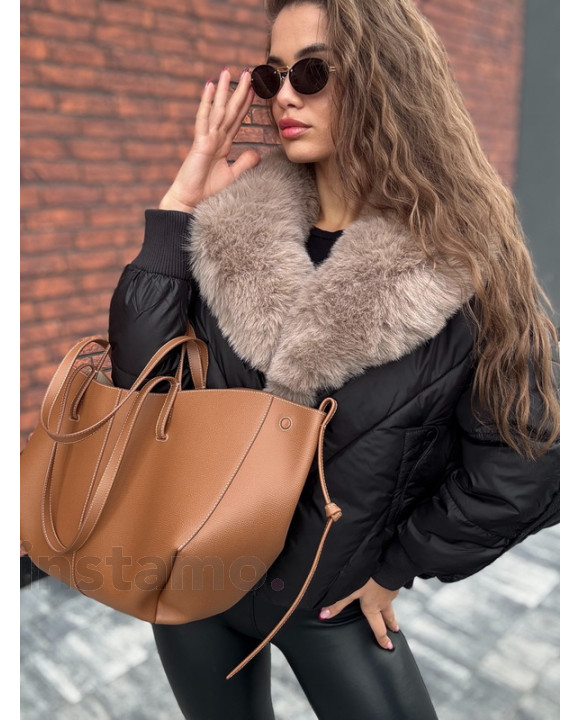 Černá krátká bunda s kožešinou-322723-20