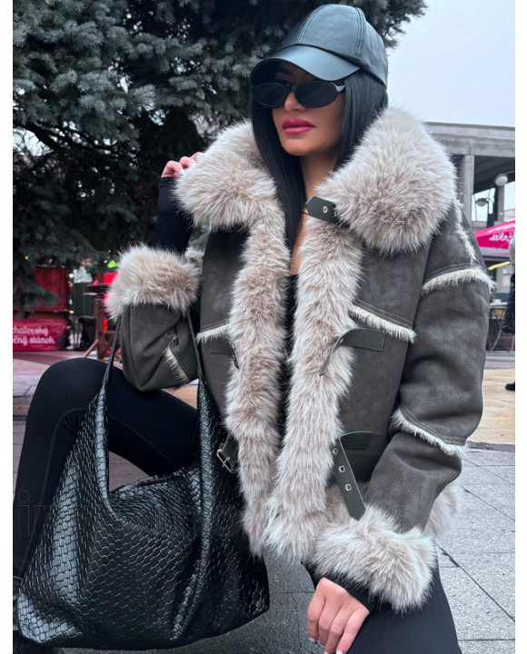 Šedá jelenicová bunda s pravou kožešinou-313981-20