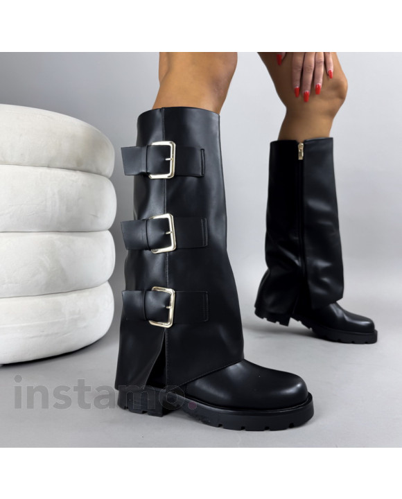 Černé vysoké kozačky s přezkami-322225-20
