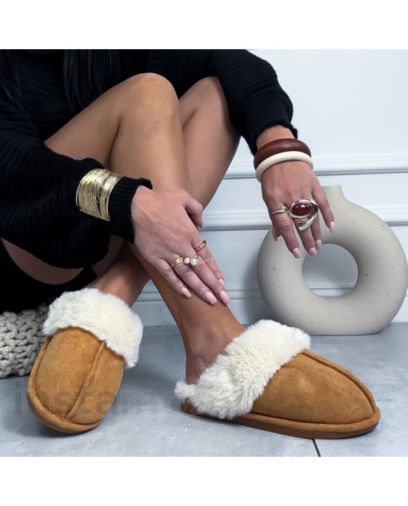 Camelové pantofle s béžovou kožešinkou-323948-20