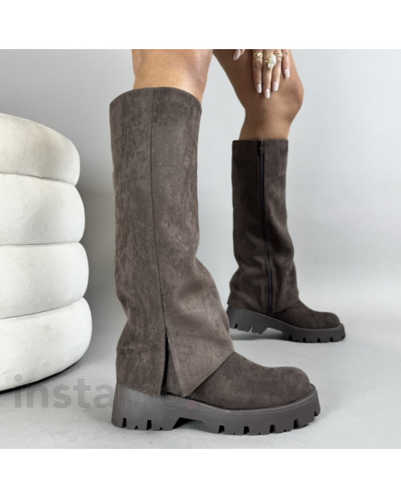 Tmavě hnědé semišové vysoké kozačky-322421-20