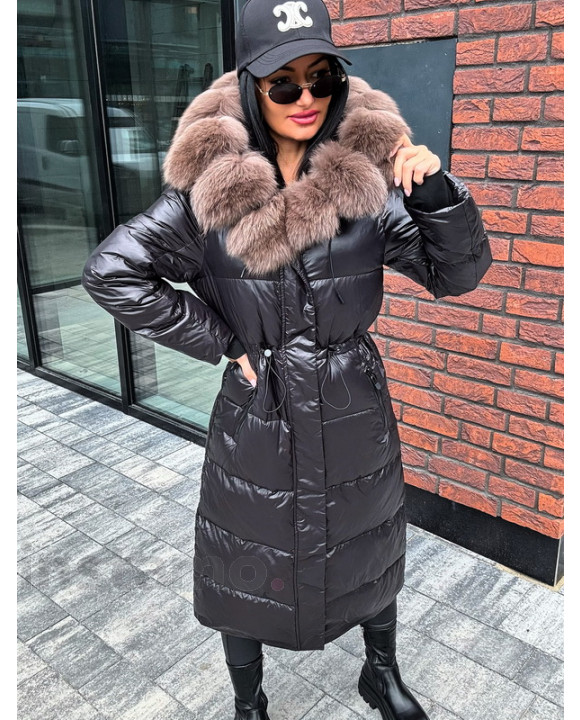 Černý dlouhý kabát s pravou kožešinou-322737-20