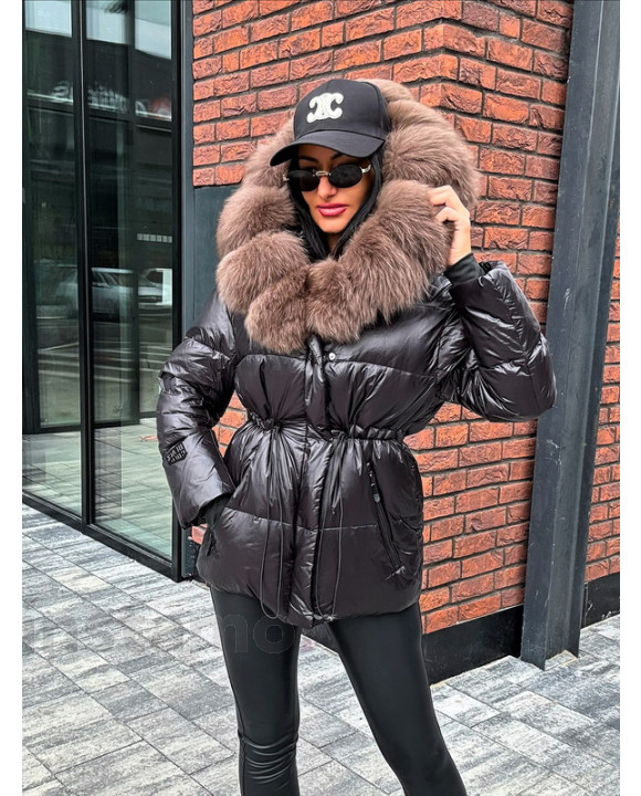 Černá krátká bunda s pravou kožešinou-322734-20