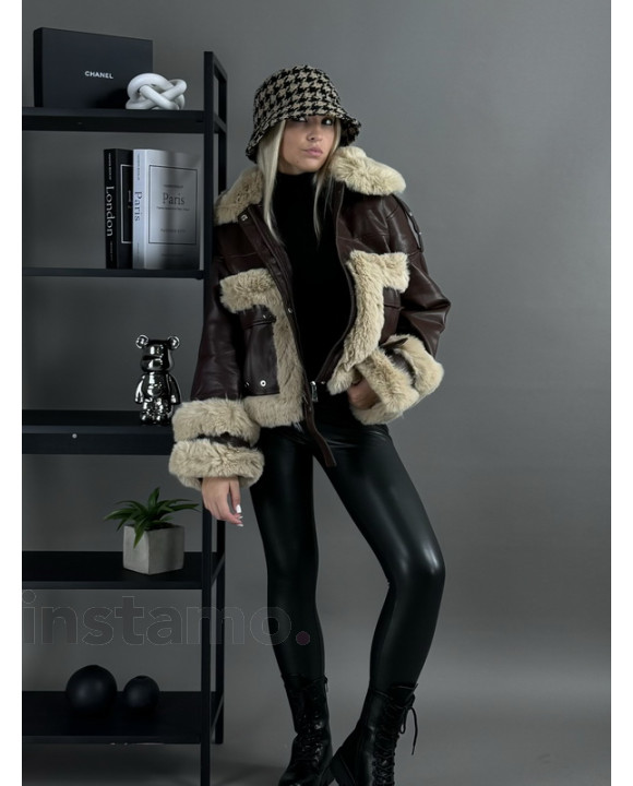 Hnědá koženková bunda s kožešinou-311308-20