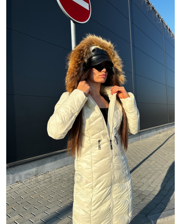 Béžový dlouhý kabát s pravou kožešinou-313097-20