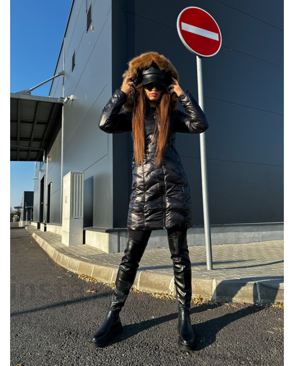 Černý dlouhý kabát s pravou kožešinou-313092-20