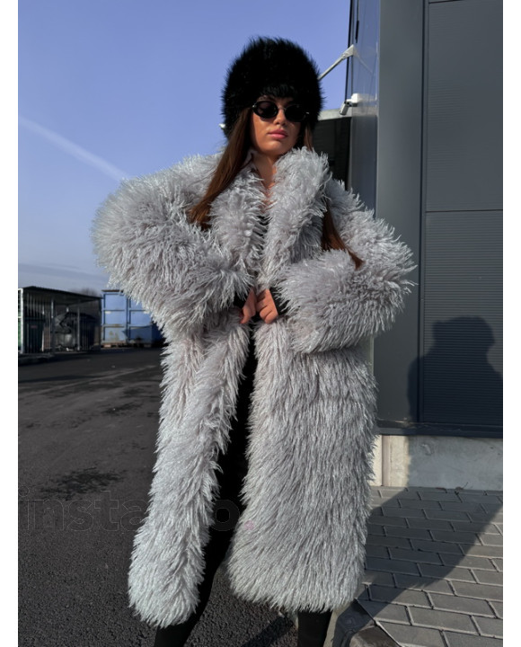 Šedý dlouhý kožešinový kabát-313452-20