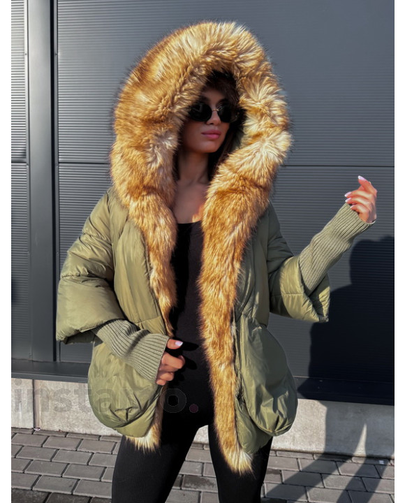 Zelená luxusní bunda s kožešinou-313409-20